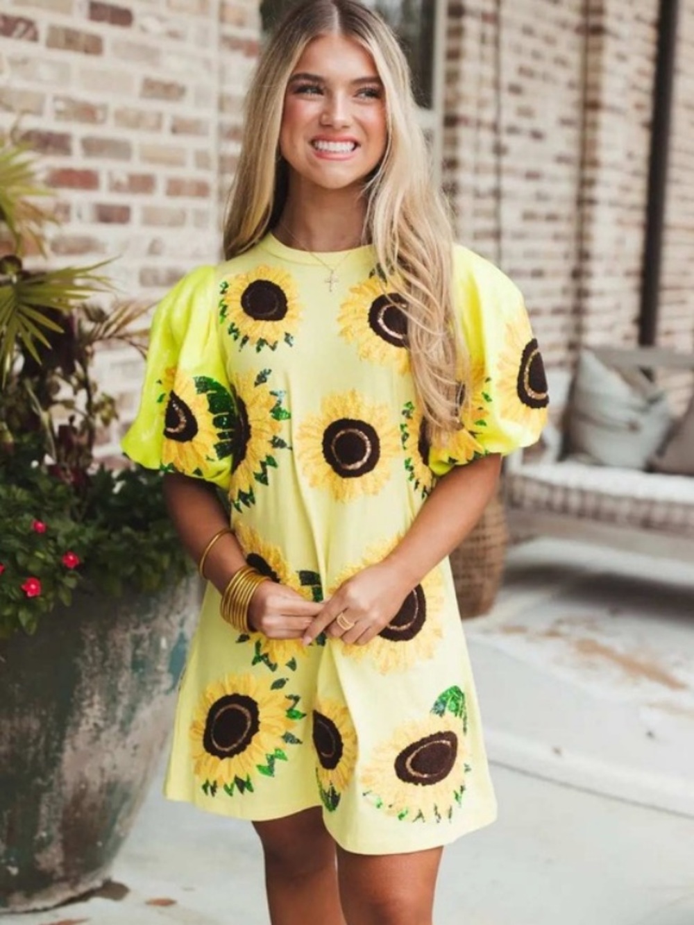 NEW Queen of Sparkles Sunflower Sequin Dress Puff Sleeve Yellow XS